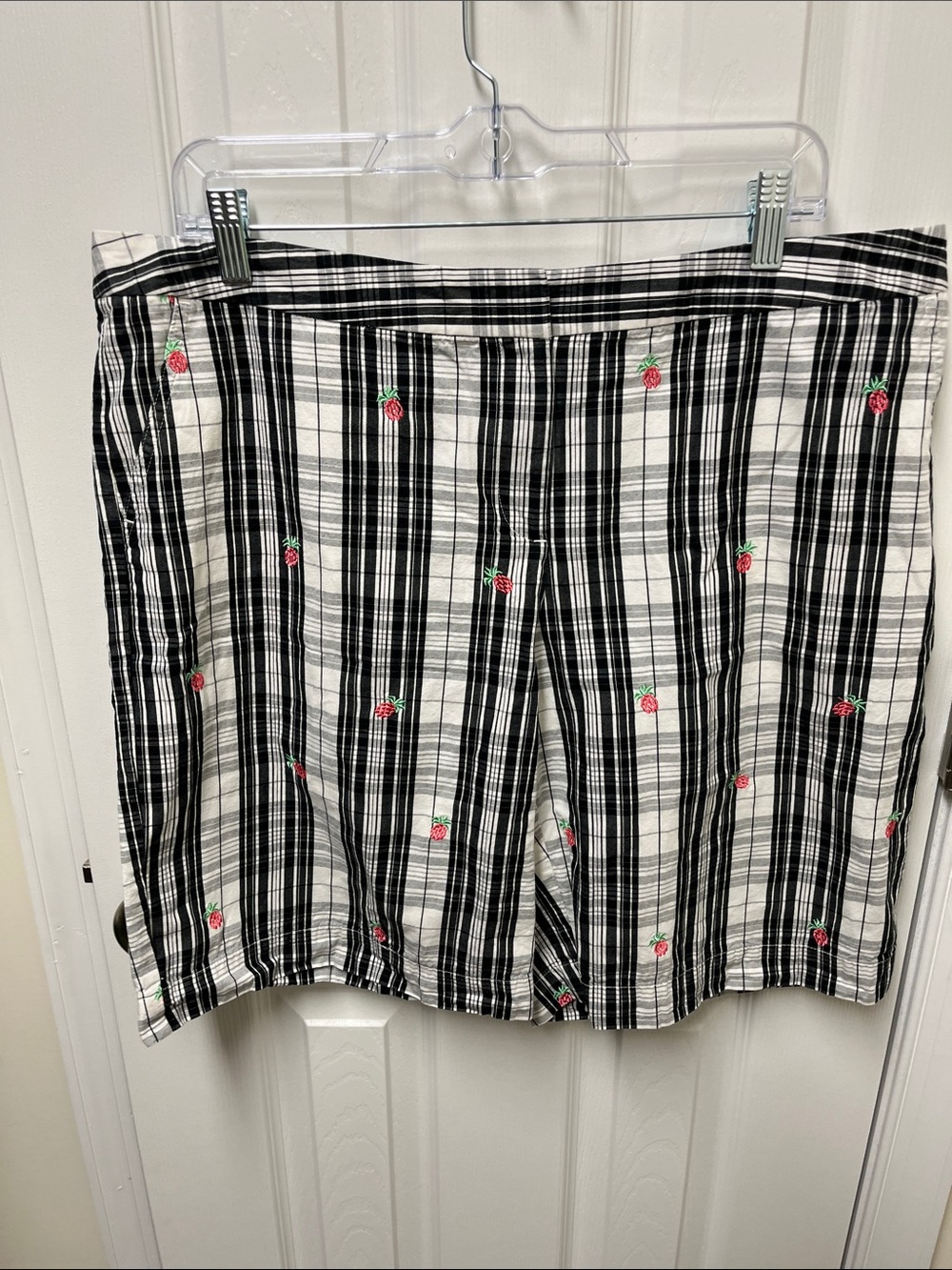 Izod Black and White Plaid Bermuda Shorts with Pink Rose Embroidery